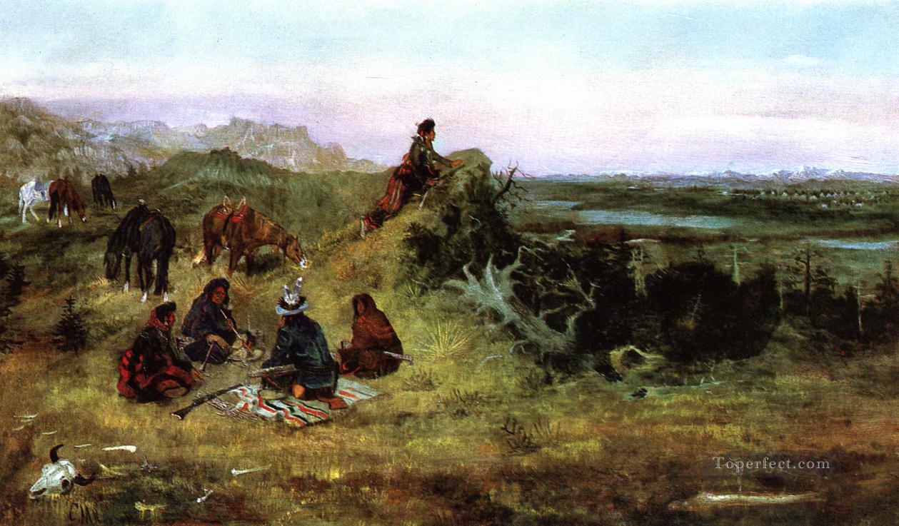 カラスから馬を盗もうとするピーガンたち 1888年 チャールズ・マリオン・ラッセル油絵